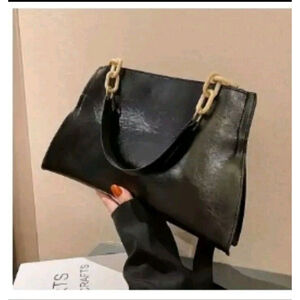 Vegan Leather Chain Tote Large Evening Clutch Bag Extra Strap Black Handbag